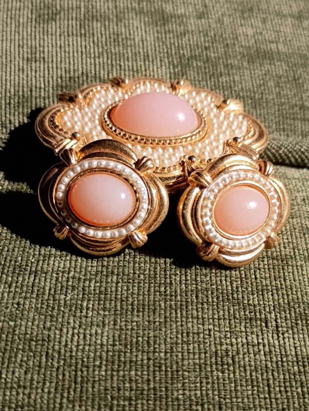 Avon Gold-Tone Brooch and Earrings with Pink Cabochons and Pearl Accents